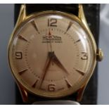 A gentleman's 1950's? 18k yellow metal Herodia manual wind wrist watch, on associated leather