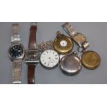 Three pocket watches including silver, a military compass and three wrist watches including Cyma.