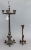 A French bronze candelabra and a similar candlestick mounted with a lizard tallest 65cm