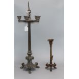 A French bronze candelabra and a similar candlestick mounted with a lizard tallest 65cm