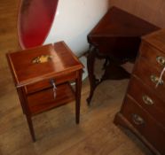 A late Victorian triangular drop flap table and an inlaid two tier table W.40cm and 64cm