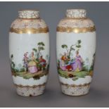 A pair of Dresden Augustus Rex style vases, decorated with ladies and gentlemen