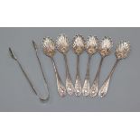 A set of six late Victorian silver shell bowl coffee spoons and tongs by Walker & Hall, Sheffield,