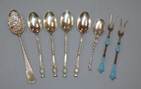 A pair of Norwegian silver 925 and cloisonne enamel sweetmeat forks and five assorted plated
