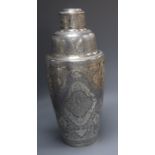 A Persian engraved white metal cocktail shaker, height 23cm, 561 grams.