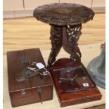 An Eastern carved wood table, a strong box and a railway sleeper clock