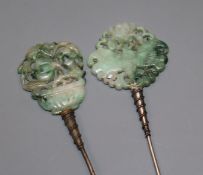 Two 19th century Chinese jadeite and silver hat pins