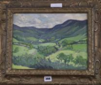 Manner of Lucien Pissarro, oil on board, Mountain landscape, monogrammed, 24 x 33cm
