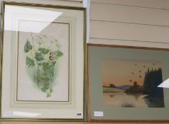 Fish Hawk, watercolour, Ducks over a lake, 27 x 36cm and a botanical study by Dugald Graham-