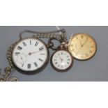 A silver pocket watch and two others, including a fob watch.