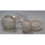 Two Lalique style vases, a lidded jar and a dish tallest 17cm