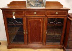 An Edwardian satinwood banded mahogany dwarf bookcase W.154cm