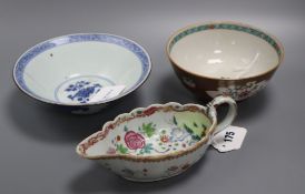 A Chinese blue and white porcelain bowl, Jiajing mark, a 19th century brown ground bowl and a