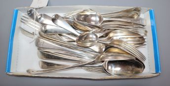 A matched service of 18th and 19th century silver flatware, crested, including two sets of six (