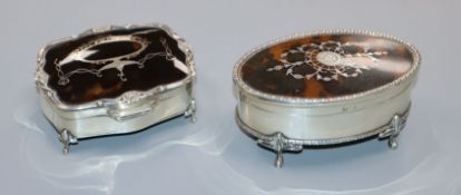 Two George V silver and tortoiseshell mounted trinket boxes, Birmingham, 1910 & 1919, largest 11.