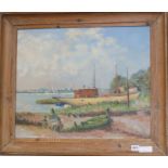 Modern British, oil on canvas board, House boat on the shore, indistinctly signed, 46 x 55cm