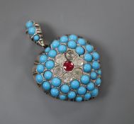 A yellow and white metal, turquoise, ruby and diamond encrusted heart shaped pendant, overall 37mm.