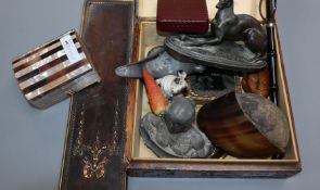 A mother of pearl box, three spelter figures, horn pin cushion and mixed collectables