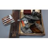 A mother of pearl box, three spelter figures, horn pin cushion and mixed collectables