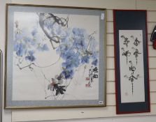 Chinese School Study of blossom, 68 x 68cm and a calligraphic scroll