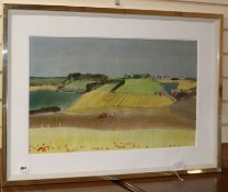 Patrick Hall (1906-1992) watercolour, Landscape Pas De Calais, Montpelier Studio label verso, 42 x