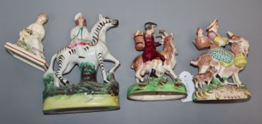 A Victorian Staffordshire Count Bruhl (pair), Staffordshire zebra and another, earlier