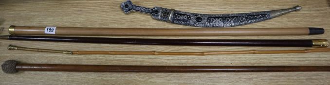 Two gold plate mounted walking canes, a bailiff's knocker walking cane and a gold plated riding