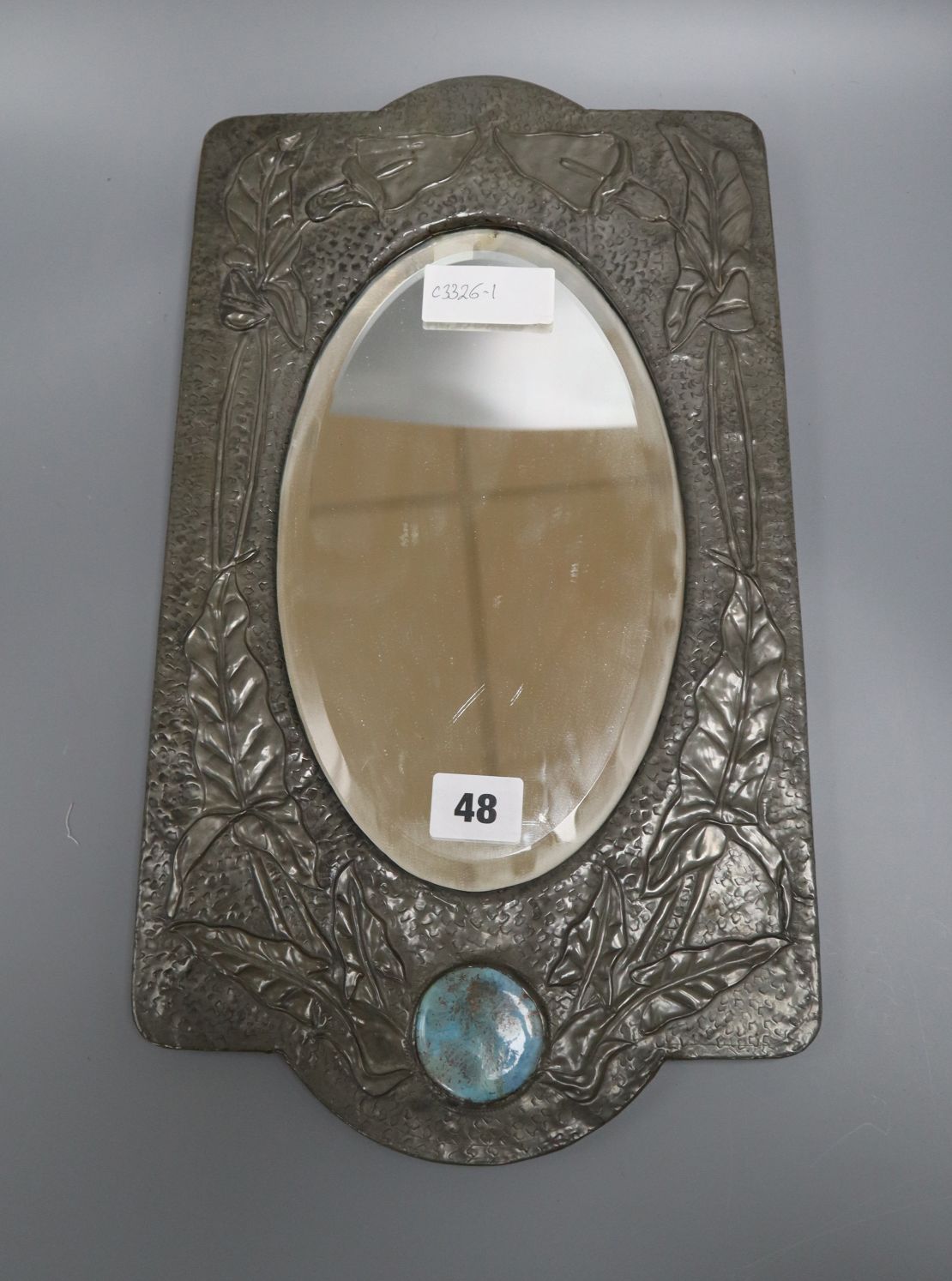 An Art Nouveau pewter overlaid wall mirror with Ruskin style plaque length 41cm - Image 2 of 2