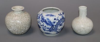 Two Chinese crackle glaze vases and a blue and white vase tallest 9.5cm