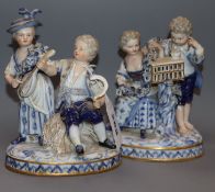 A pair of late Meissen porcelain figure groups of couples, one with sickle, lute and sheaf of