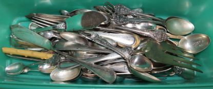 A quantity of mixed 19th century and later silver and white metal flatware including butter knife,