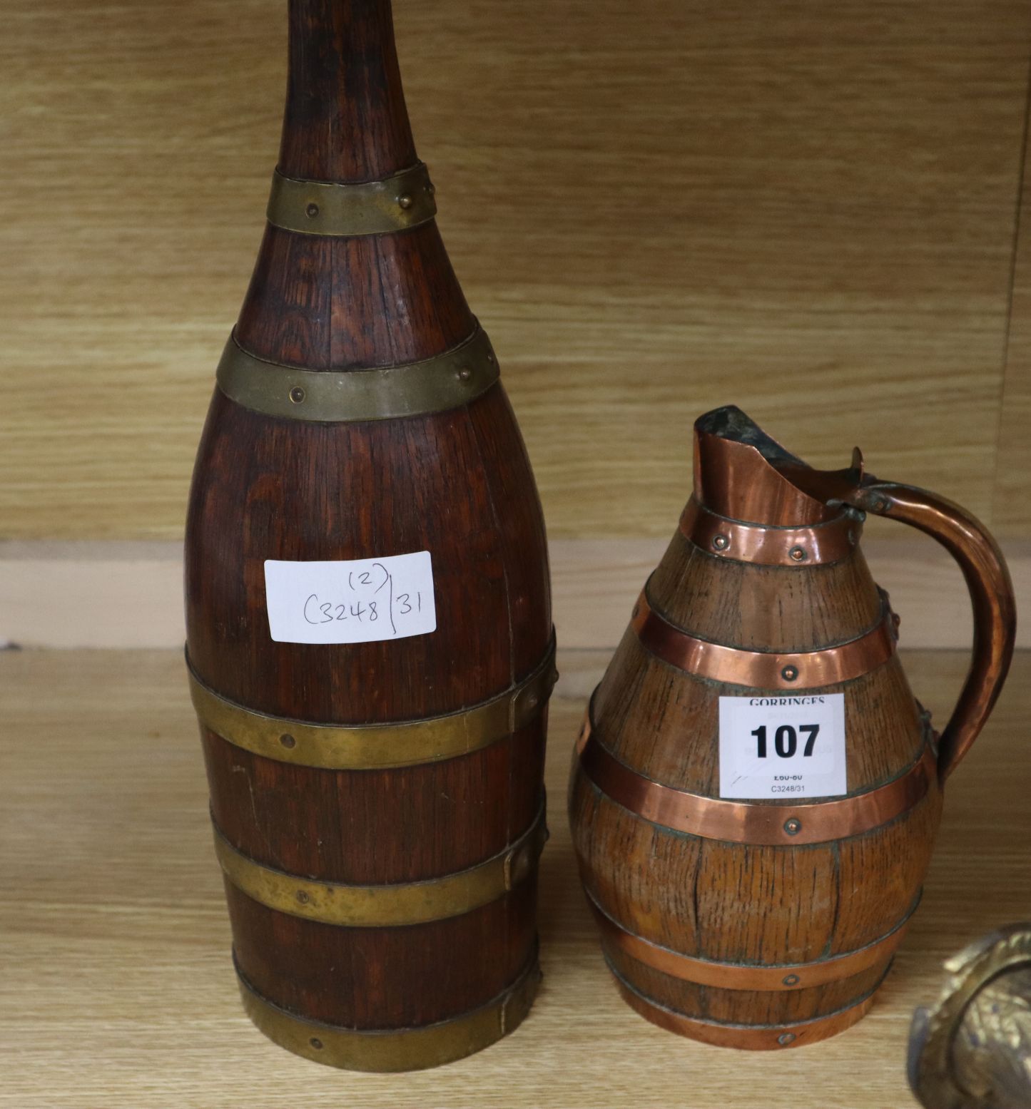 A French staved oak bottle marked Grand Lafitte and a staved oak jug bottle 40cm - Image 4 of 4