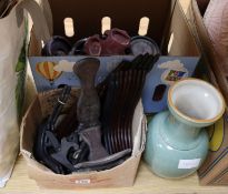 A collection of Oriental wood stands and a Chinese celadon vase