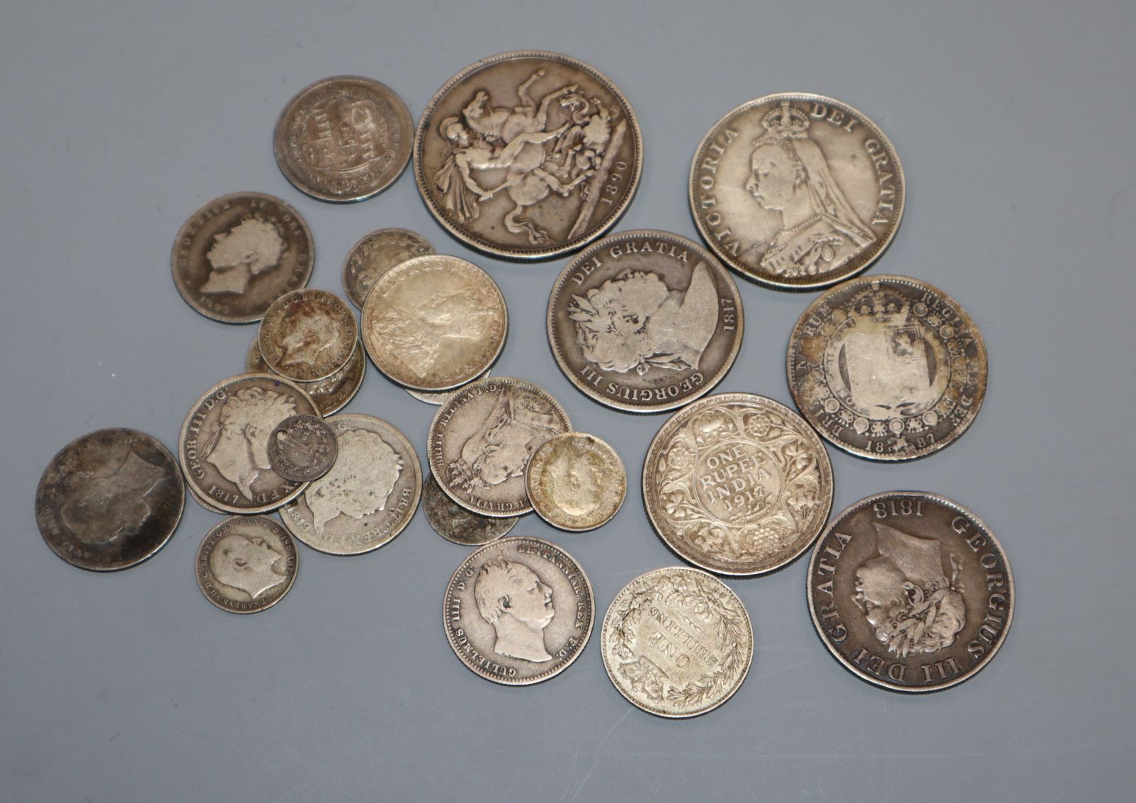 English silver coinage, Charles II and later, including an 1817 half crown, an1890 crown, an 1887
