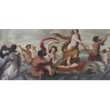 After Botticelli, oil on oak panel, Venus and Tritons at sea, 30 x 64cm, unframed