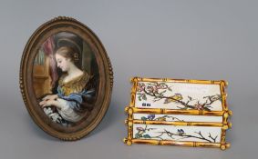 A French oval framed figural plaque and a French faux bamboo box plaque height 21cm incl. frame