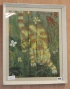 Sue Lampitt, watercolour on green paper, Cat crouching amongst flowers, signed and dated '67, 44 x