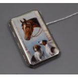 A Continental 935 white metal and enamelled cigarette case decorated with a horse and two hounds
