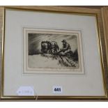 English School, etching, Ploughman at rest, 12 x 17cm