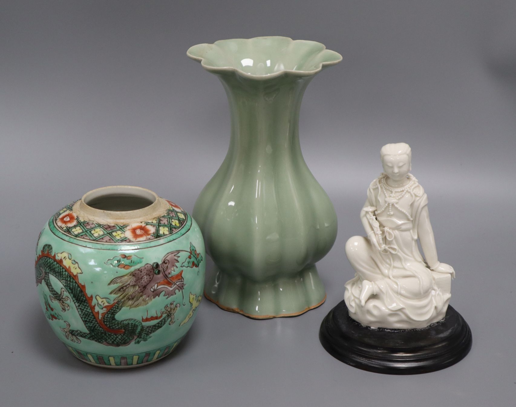 A Celadon glazed vase, a blanc de chine figure and a dragon jar vase 21cm - Image 2 of 2