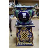 A maiolica jardiniere and associated stand height 62cm