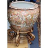 Two similar modern Chinese decorative fish bowls on hardwood stands overall 68cm