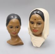 Edith Pederson, Denmark, two painted chalkware busts of Indian women, one monogrammed, one inscribed