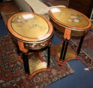 A pair of Chinese style oval painted lacquer two tier occasional tables W.70cm