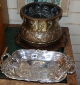 A WMF style Art Nouveau plated dish, a Dutch jardiniere and a copper hammered dish