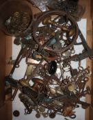 Three boxes of furniture handles, castors, keys and accessories