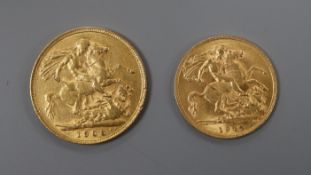 A George V 1914 gold half sovereign and an Edward VII 1908 gold sovereign.