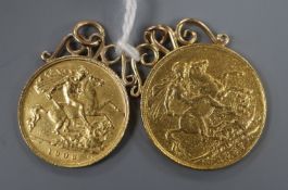 A George V 1927 gold sovereign and an Edward VII 1908 gold half sovereign, each in pendant mount,