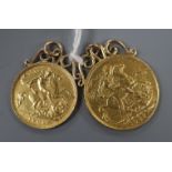 A George V 1927 gold sovereign and an Edward VII 1908 gold half sovereign, each in pendant mount,