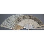 A Brussels lace fan with mother of pearl sticks, in Duvelleroy fitted box and another fan with